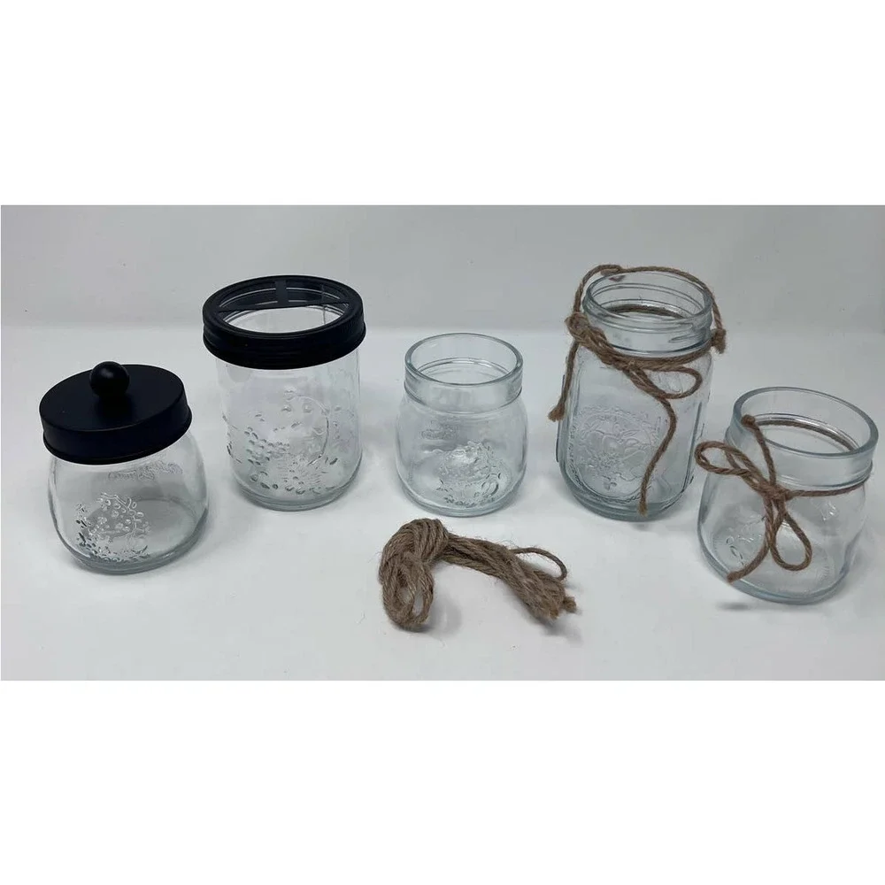 Mason Jar 5pc Bathroom Set Toothbrush & Toothpaste Holder No Lids Extra Twine